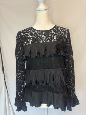 J. Crew Black Lace & Pleated Ruffle Blouse, Lined, zip back with button closure